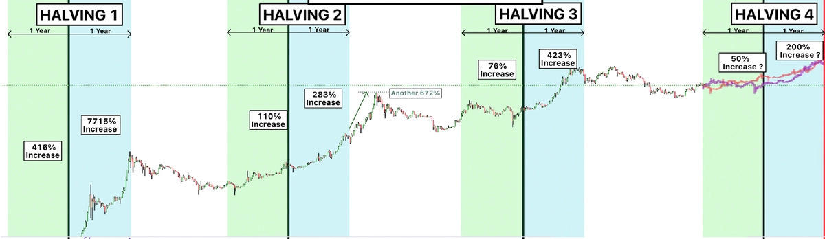Infographic that represents the price performance of bitcoin before and after halving